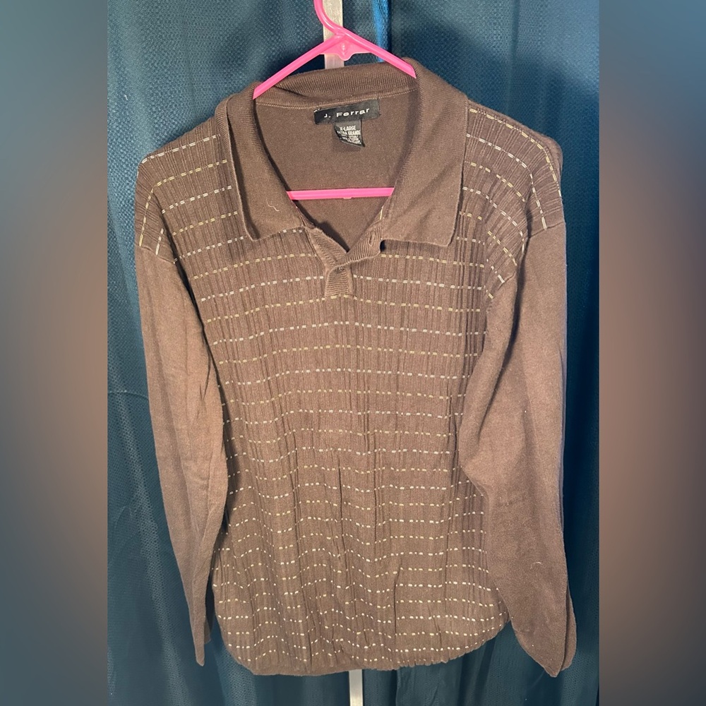J Ferrar Knit Long Sleeve Polo  XL Brown Textured Stripe Buttons Collar [k-10]